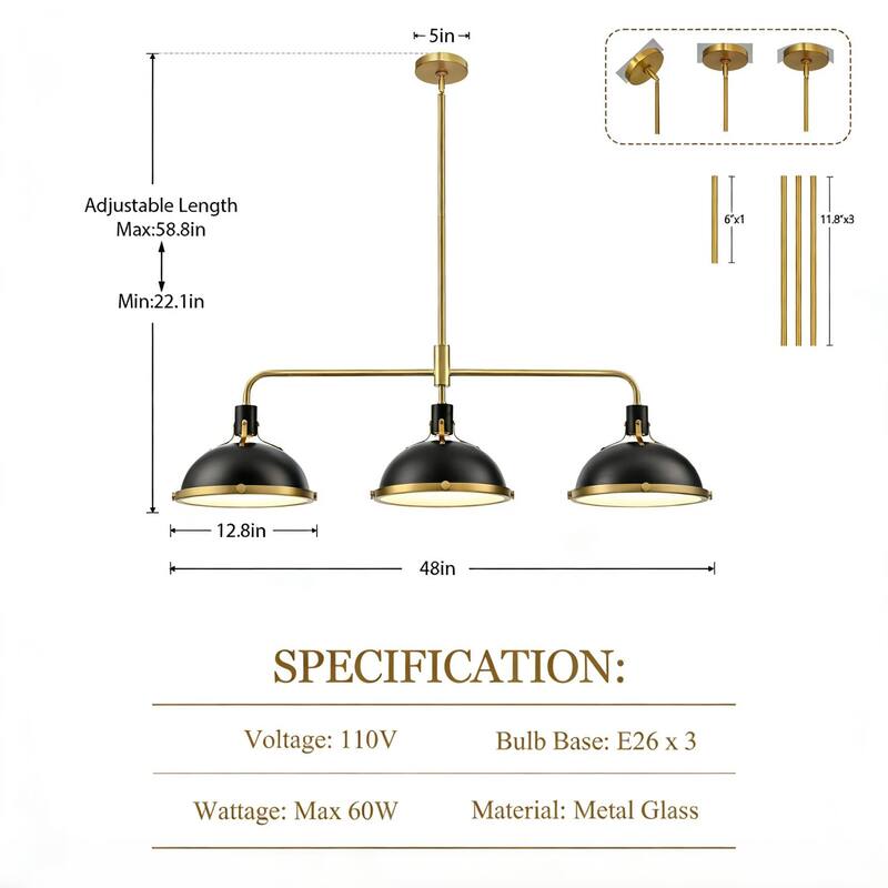 3-Light Farmhouse 3-Light Dome Chandelier Metal Pendant Light