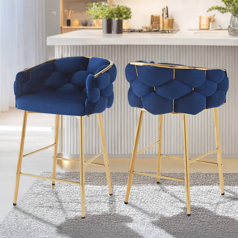 Modern 28-Inch Set of 2 Bar Stools with Velvet Padded Backrest Seat, Metal Legs for Dining Room Living Room and Bedroom