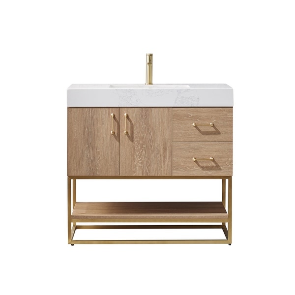 Alistair 36" Single Vanity in North American Oak with White Grain Stone Countertop Without Mirror. Opens flyout.