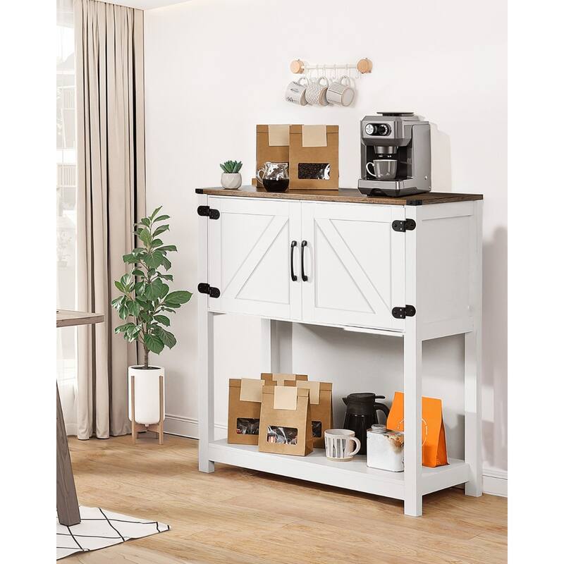 3-Tier White Bar Cabinet with Magnet Doors and Bottom Open Storage Shelves Ideal for Coffee Machine or Toaster