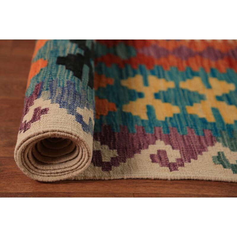 All-Over Geometric Kilim Oriental Large Rug Hand-Woven Wool Carpet - 10'6"x 16'3"