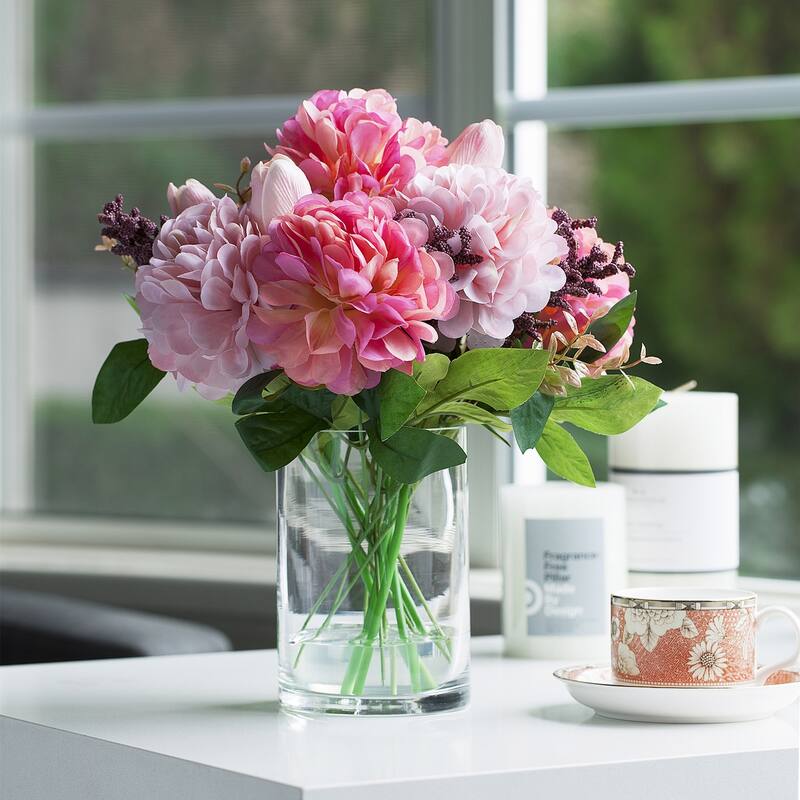 Enova Home Mixed Real Touch Tulip and Dahlia Artificial Flowers Arrangement in Clear Cylinder Glass Vase for Home Decór - Pink