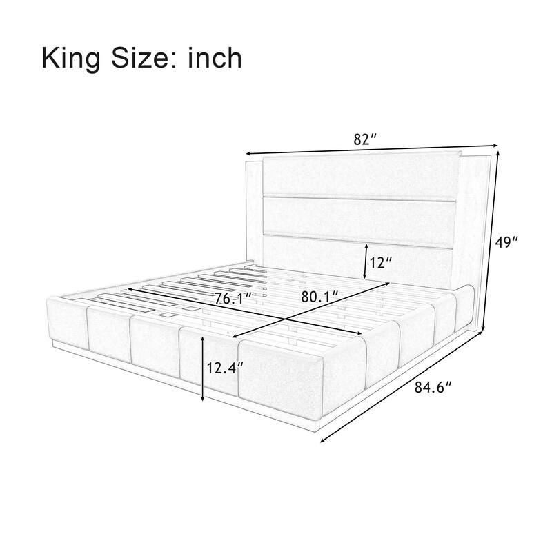 Upholstered Bed Low Profile Platform Bed Modern Wood Base Grounded Bed with Extended Wood Headboard and Upholstered Wingback