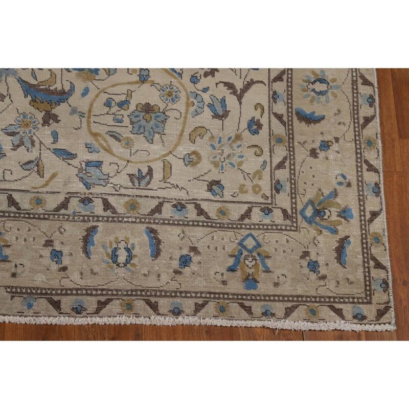 Floral Tabriz Persian Area Rug Beige Floral Handmade Wool Carpet - 7'2"x 10'5"