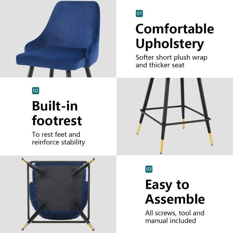 Set of 2 Bar Stools Velvet Counter Height Stools Blue - 19x39.2