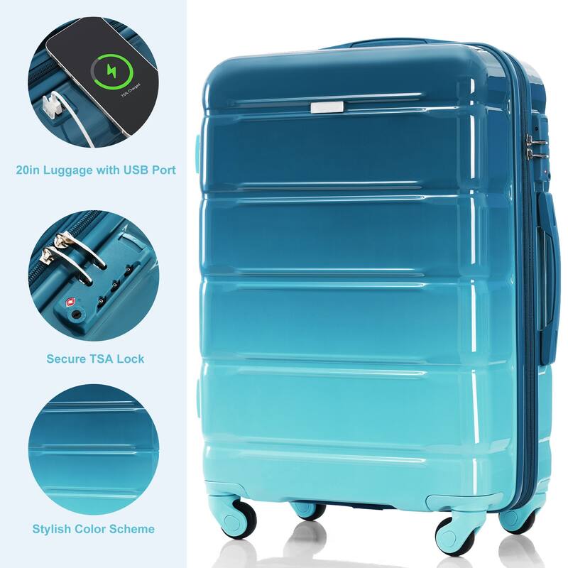 3-Piece, 20-Inch Modern Hard Shell Luggage with USB Port and Spinner Wheels, for Boarding Travel, Blue