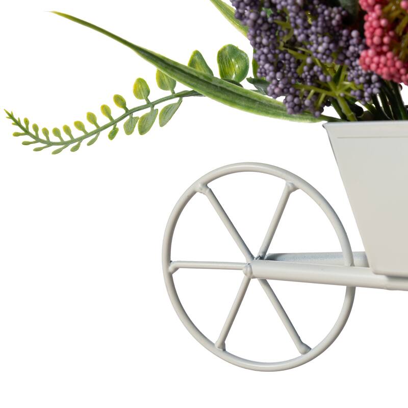 Glitzhome 11"H Pink, Purple & Yellow Mixed Heather Cart Centerpiece