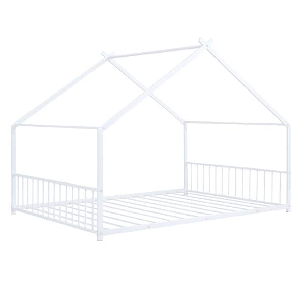 slide 2 of 33, Metal House Bed with Guardrails - Stylish for Kids White