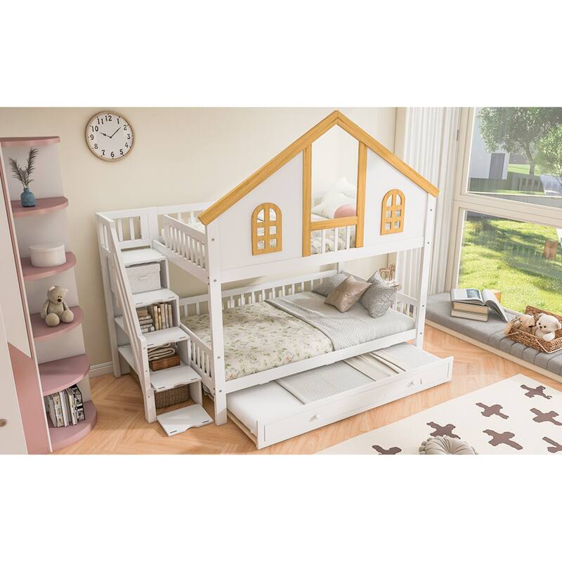 Roomfitters Twin Over Twin/Full Over Full House Bunk Bed with Trundle, Storage Staircase and Roof, White and Natural