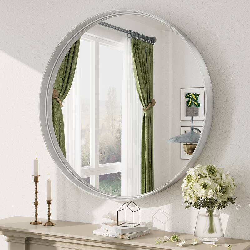 Round Tempered Glass and Metal Framed French Cleat Mounted Wall Bathroom / Vanity Mirror - 36" x 36" - Silver