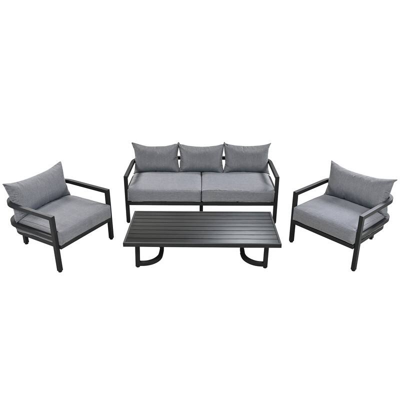 4-Piece Patio Furniture Set, Outdoor Sectional Sofa Set Steel Conversation Set with Loveseat, 2 Armchairs and Coffee Table