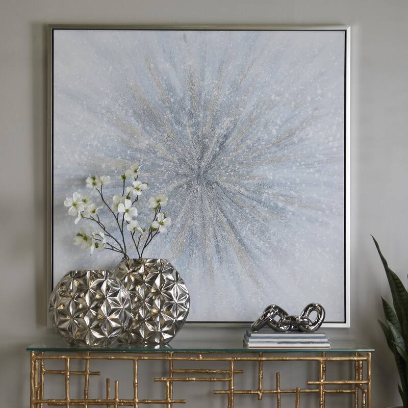 Canvas Starburst Radial Living Room Framed Wall Art with Silver Frame - Blue - Roche River Decor