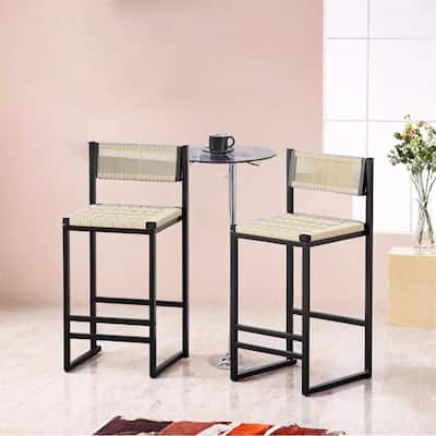 Set of 2 Woven Bar Stools with Backrest Paper Rope Weave Dining Chairs