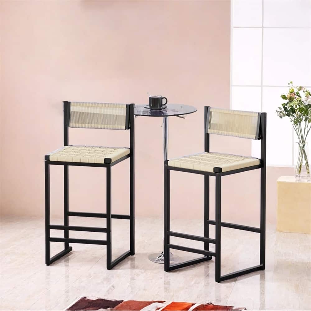 Set of 2 Woven Bar Stools with Backrest Paper Rope Weave Dining Chairs