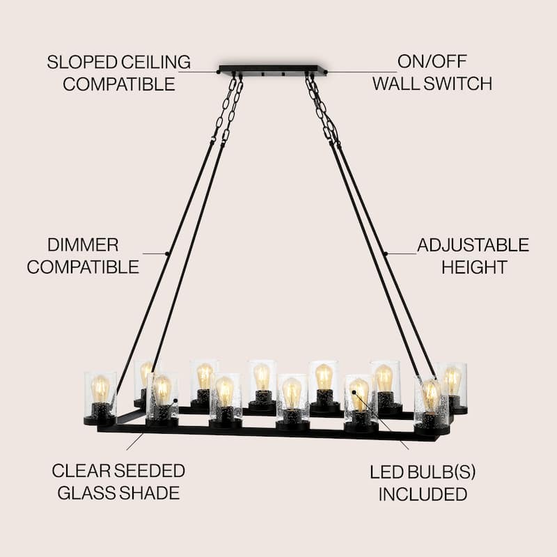 Jonah 45.5" 12-Light Seeded Glass/Iron Rustic Farmhouse Linear LED Chandelier, Oil Rubbed Bronze by JONATHAN Y - 12 Lights