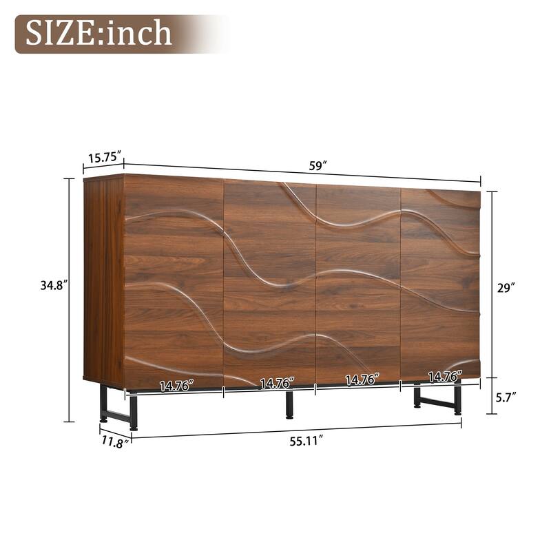 Sideboard with 4 Wave Relief Doors, Multifunctional Solid Wood Storage Cabinet, Accent Cabinet with Shelf & Iron Legs