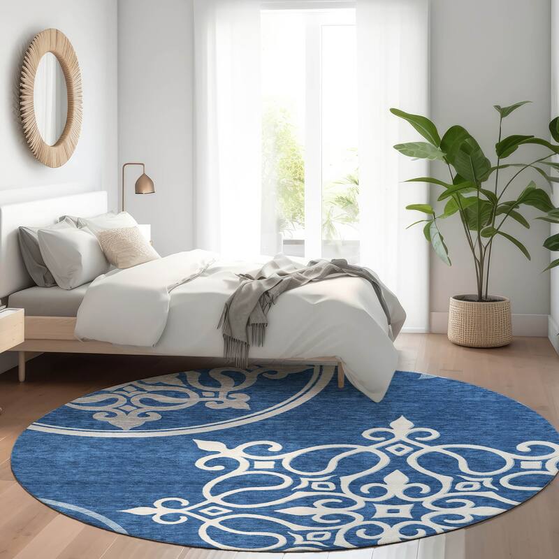 Premium Washable Super Soft Transitional Scroll Mayfield Rug - Navy - 8' x 8'