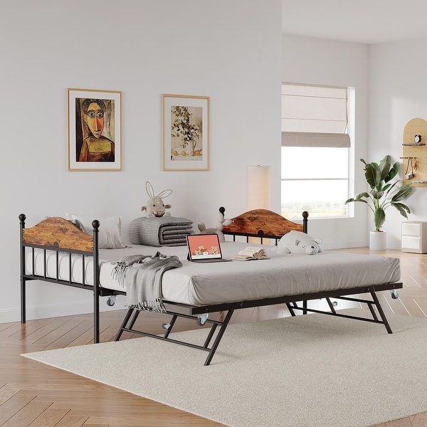 slide 2 of 23, Daybed with Trundle, Metal Twin Size Day Bed with Stylish Headboard, Sofa Bed Frame with Pop Up Foldable Trundle Bed Twin - Brown