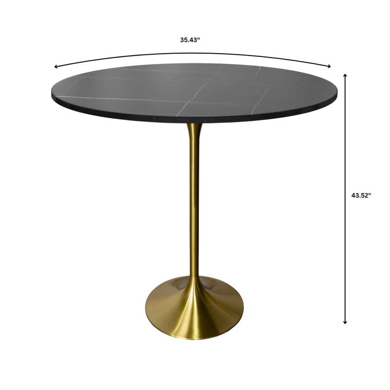 LeisureMod Verve 36" Bar Dining Table with Sintered Stone Round Top in Gold Steel, Gold Marbleized