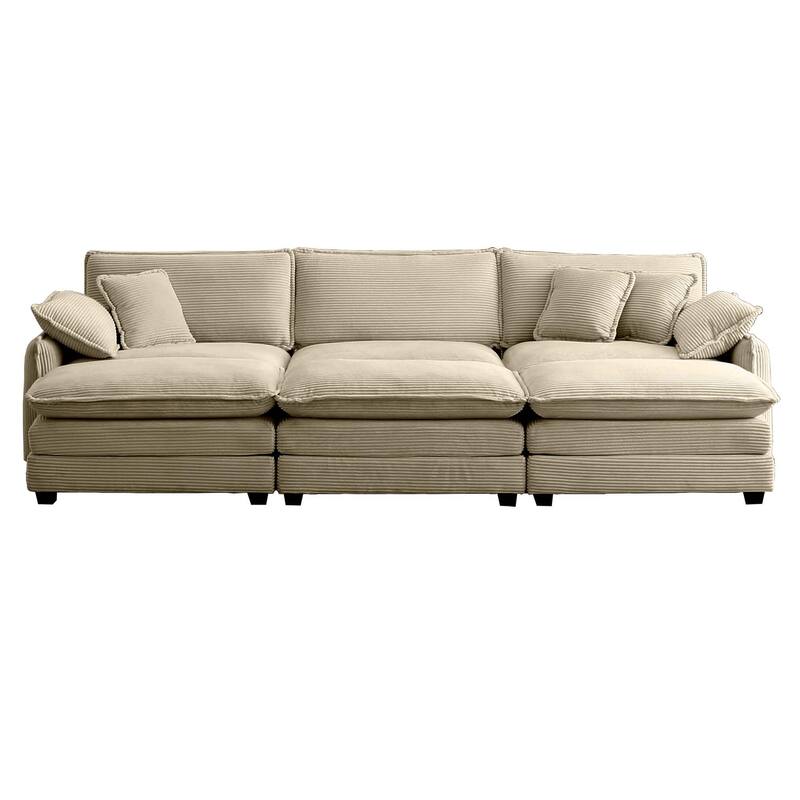 Tan 6-piece Corduroy Upholstered Modular Sleeper Sectional Sofa with 3 Removable Ottoman and 5 Pillows, Free Combination