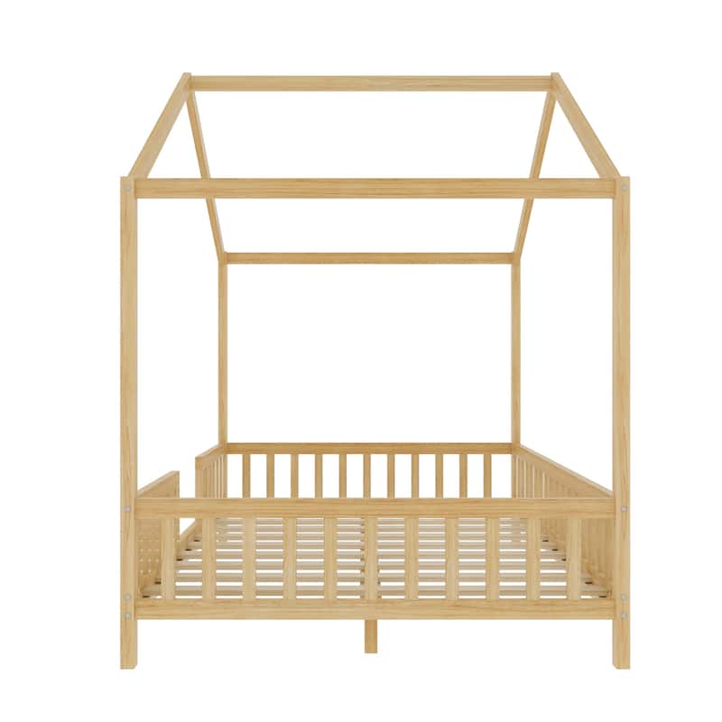 Montessori Bed, House-shape Frame Platform Bed for Kids Toddler, Wood House Daybed with High Railings and Roof, Canopy Bed Frame