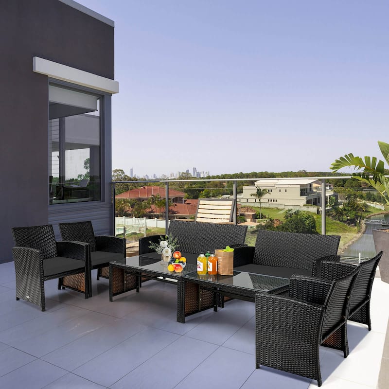Costway 8PCS Patio Rattan Furniture Set Cushioned Chair Sofa Coffee - Black