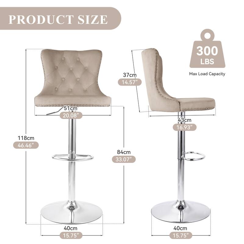 Velvet Swivel Bar Stools,Modern Bar Stools with High Back and Metal Footrest,Adjustable Swivel Barstools (Set of 2)