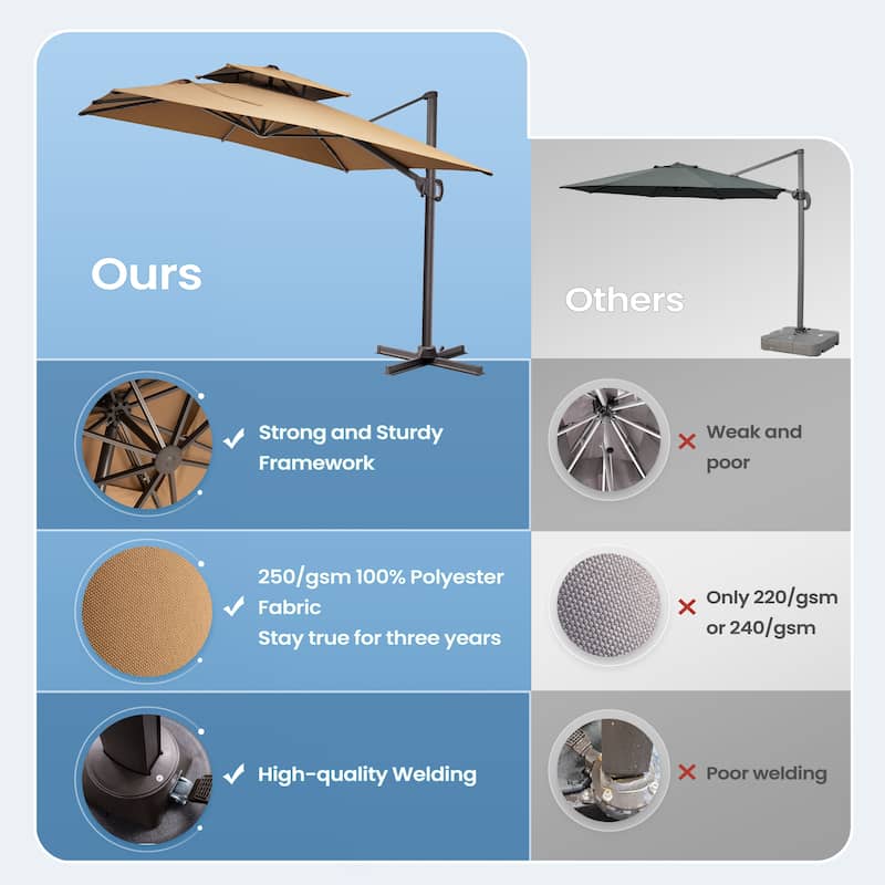 9 ft x 11 ft Outdoor Patio Dual Top Cantilever Offset Umbrella with Rod Base