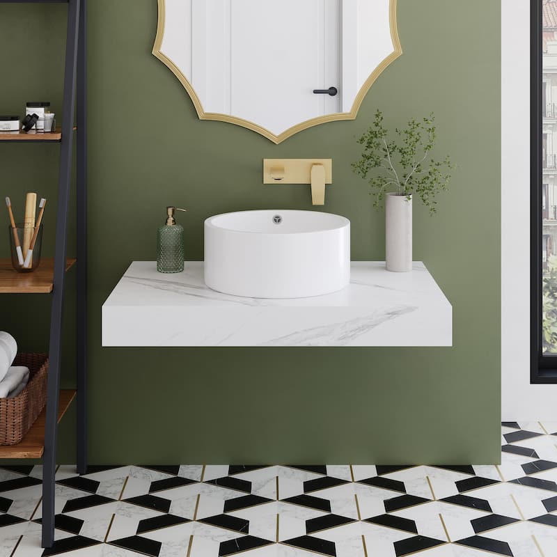 Monaco 36" Floating Bathroom Shelf With Vessel Sink In White Marble - 23.75" x 21.81" x 9.49"
