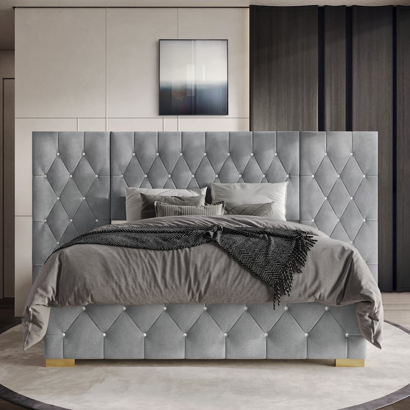 CraftPorch Luxurious Velvet Tufted Platform Bed with Wall Panels