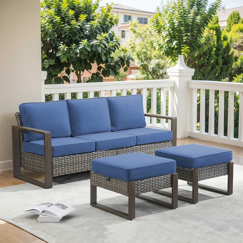 All-Weather Wicker Sofa with Ottoman - Grey - Blue - Grey