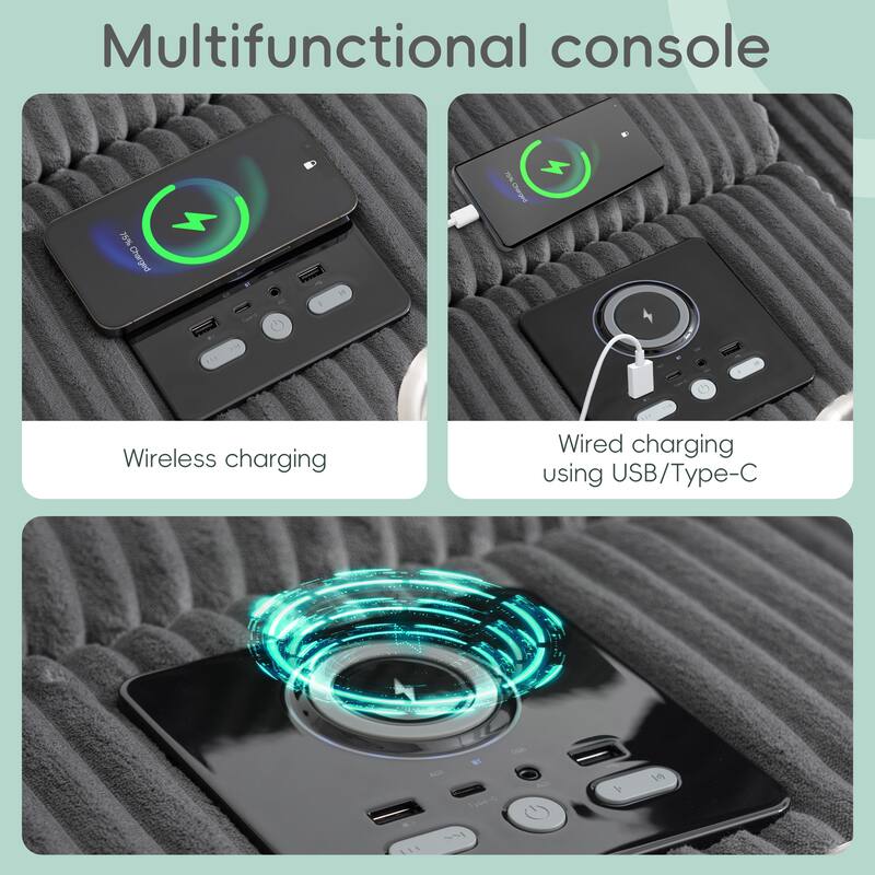 Corduroy Sectional Sofa With Bluetooth Speakers,L Shaped Couch With Console,Usb Charger,Cup Holders,Storage,Ottoman