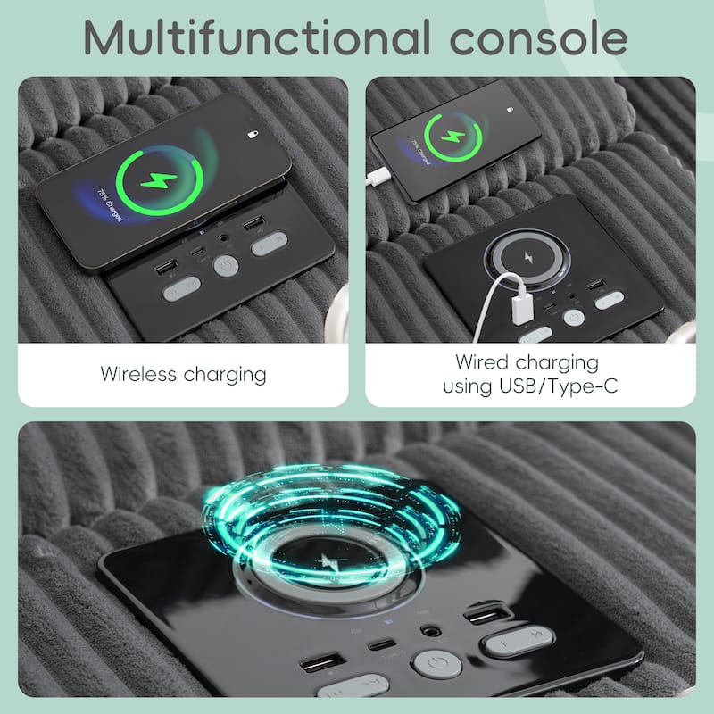 U-Shaped Cloud Corduroy Sectional Sofa with Console, Cup Holders, Bluetooth Speakers, Charging, Storage Ottoman, Deep Seats Sofa