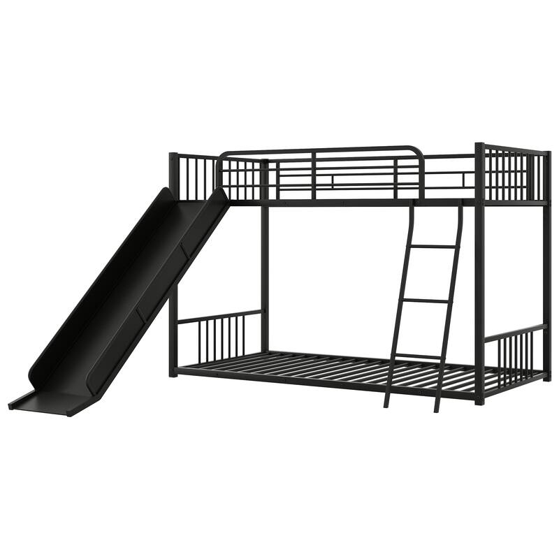 Twin Over Twin Metal Bunk Bed with Slide, Black - Space-Saving Kids Bed with Safety Railings