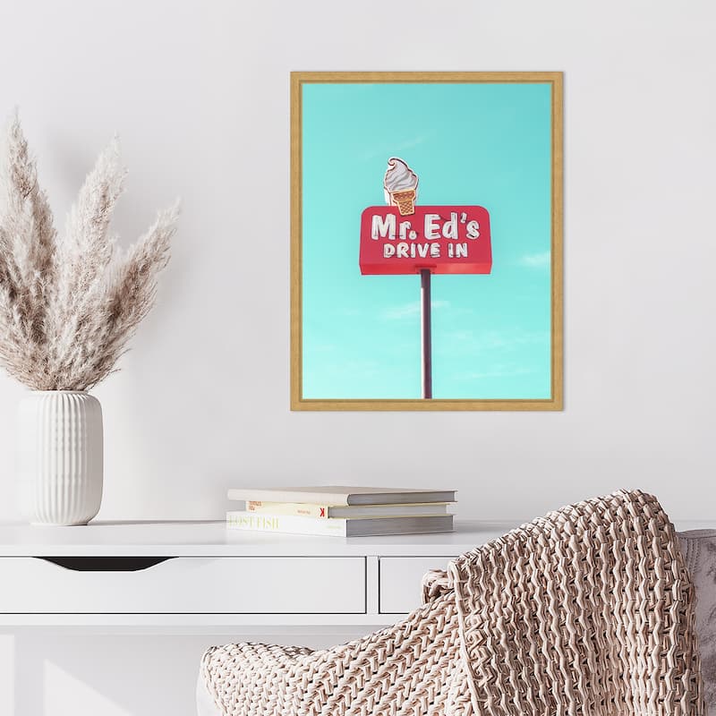 Mr. Eds Drive In Vintage Sign by Tom Windeknecht Framed Canvas Wall Art Print - Sylvie Bright Gold