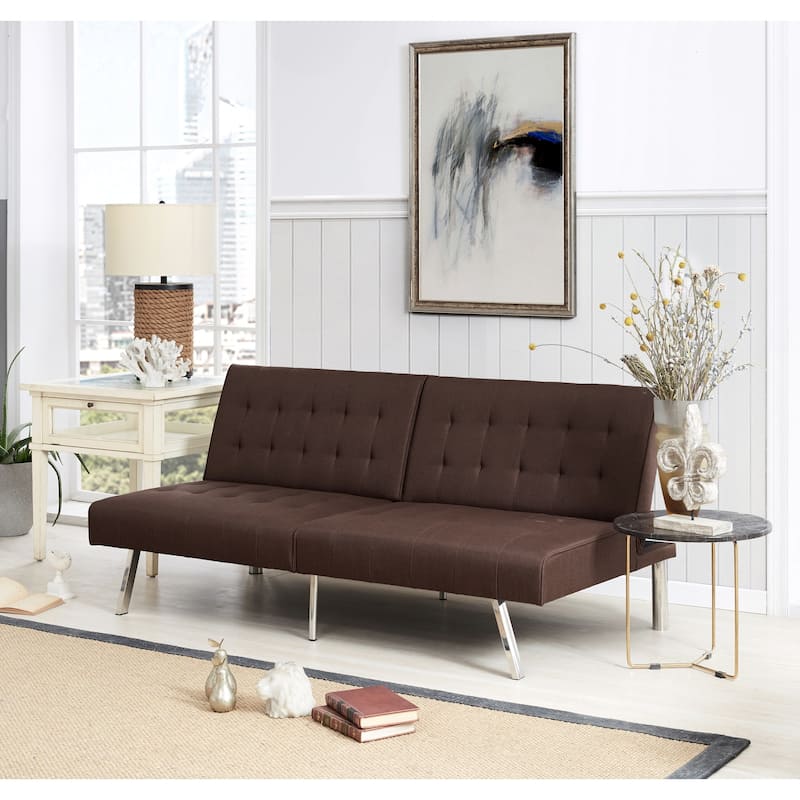 Tufted Mid-Century Modern Split Back Futon Sofa Couch Bed with Chrome Legs