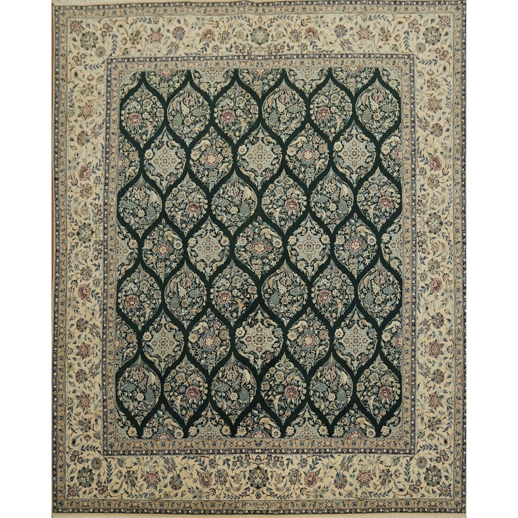 Hand Knotted Oriental Wool & Silk Carpet Traditional All-Over Navy Blue & Blues Nain Area Rug - 8' 3'' X 6' 7''