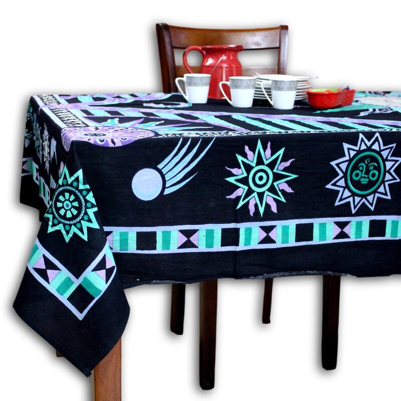 Cotton Celestial Sun Moon Star Rectangle Tablecloth Collection - 88 x 104 in - Purple Green