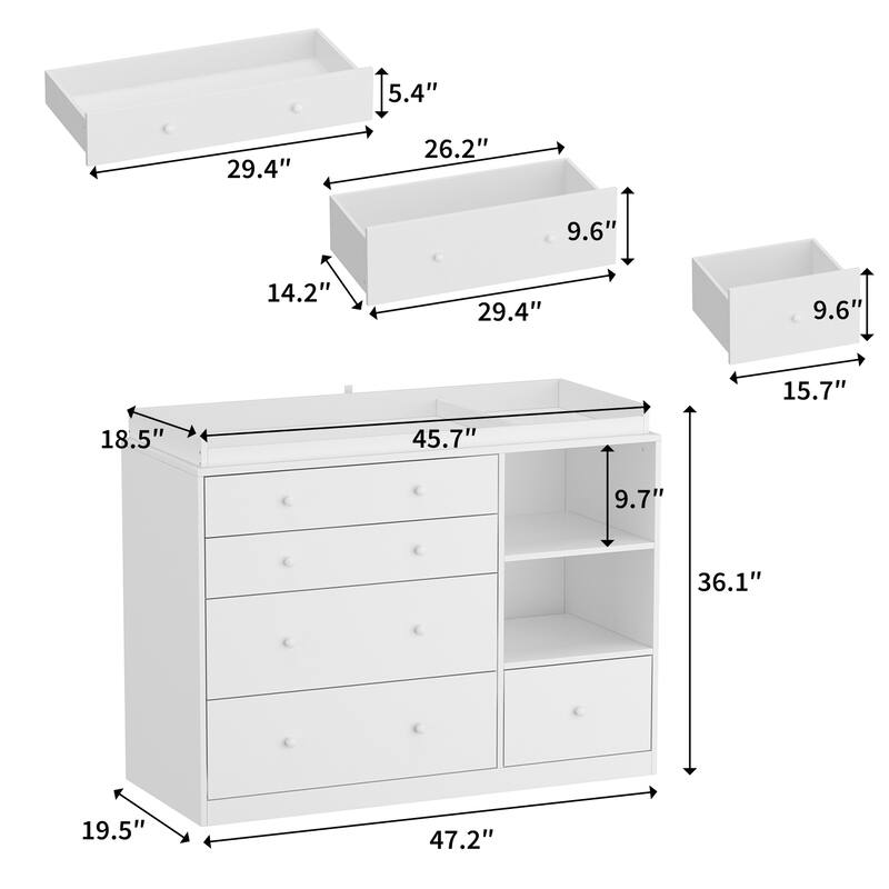 47” White Dresser Bedroom Storage Cabinet for Clothes, Toys & Accessories, Modern Chest of Drawers for Nursery or Closet