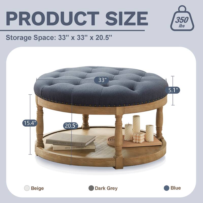 HUIMO 33in Round Upholstered Solid Wood Ottoman Coffee Table with Storage Shelf