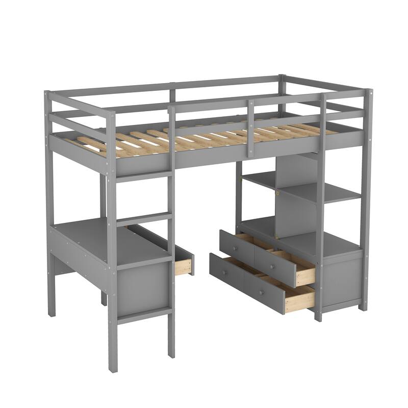 Twin/Full Loft Bed with Desk, Multiple Storage Shelves, Drawers, and Sturdy Pine Wood Frame