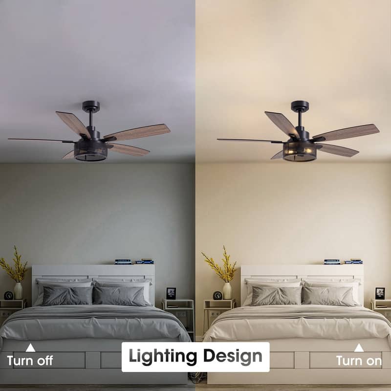52 Inch Farmhouse Ceiling Fan with Light and Remote Black Industrial Caged Ceiling Fans Flush Mount 6-Speed Design for Bedroom
