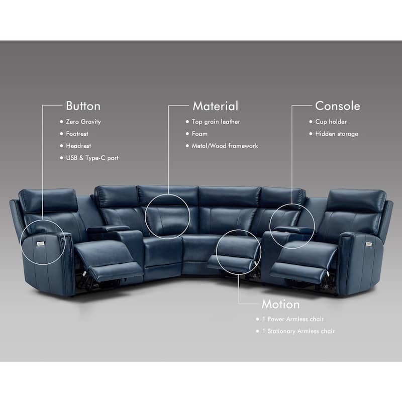 7PCS, 3 Power Recliners, Leather Reclining Sectional with Power Headrest & Lumbar, USB Port & USB-C Port