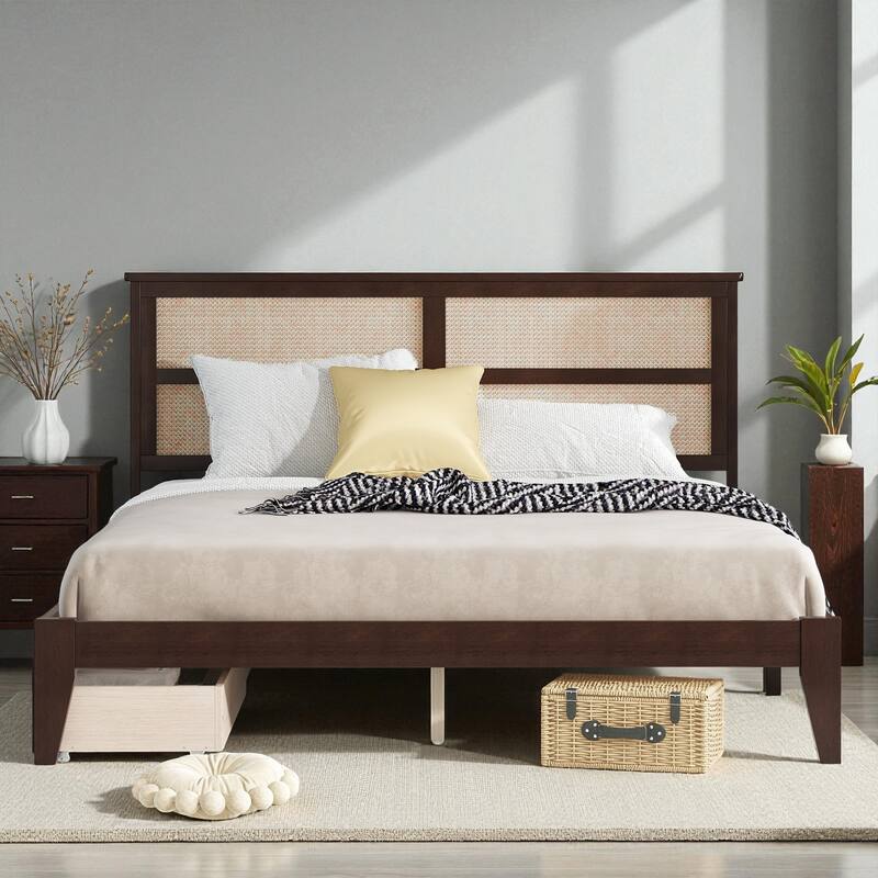 Full/King Size Rubber Wood Bed with Rattan Headboard and 2 Storage Drawers, Solid Frame with Reinforced Support Slats and Feet
