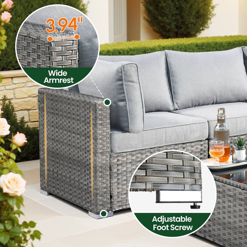 HOOOWOOO 10-piece Wicker Patio Furniture Sectional Sofa Set Swivel Rocker with Fire Pit Table