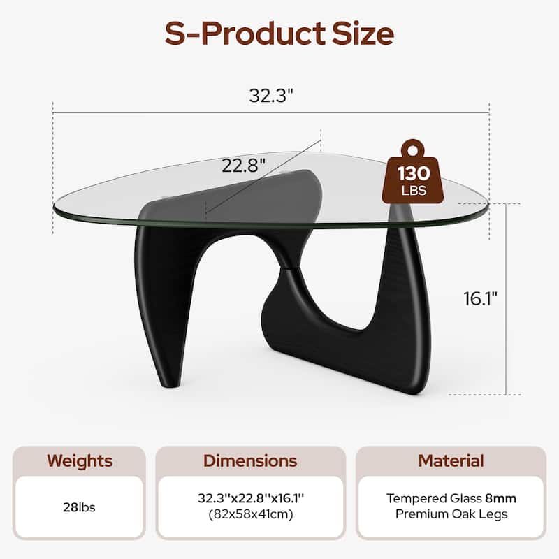 Mid Century Triangle Coffee Table Tempered Glass Top With Rubber - Black S Size