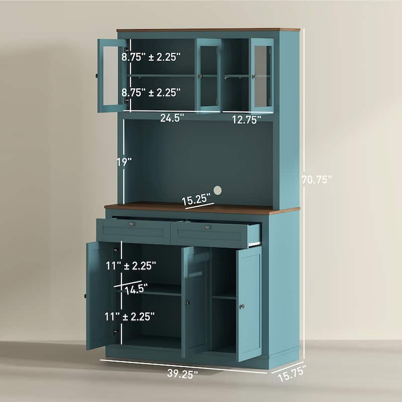 HOMCOM 71" Tall Kitchen Pantry Storage Cabinet with Microwave Stand, Adjustable Shelves and Glass Doors for Kitchen, White