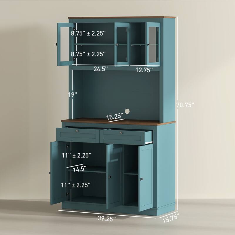 Tall Adjustable Shelves Kitchen Pantry Cabinet with Glass Doors and 8 Compartments 2 Drawers - 39.4" W x 15.7" D x 70.9" H