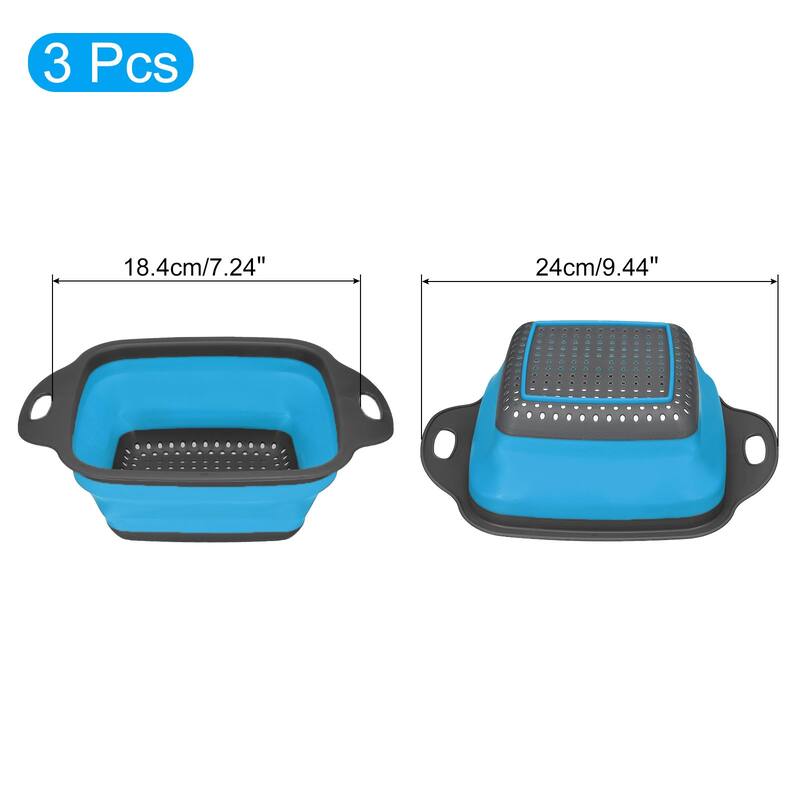 Collapsible Colander Set, Silicone Square Foldable Strainer w Handle - Blue - 24cm x 18.4cm x 7.5cm