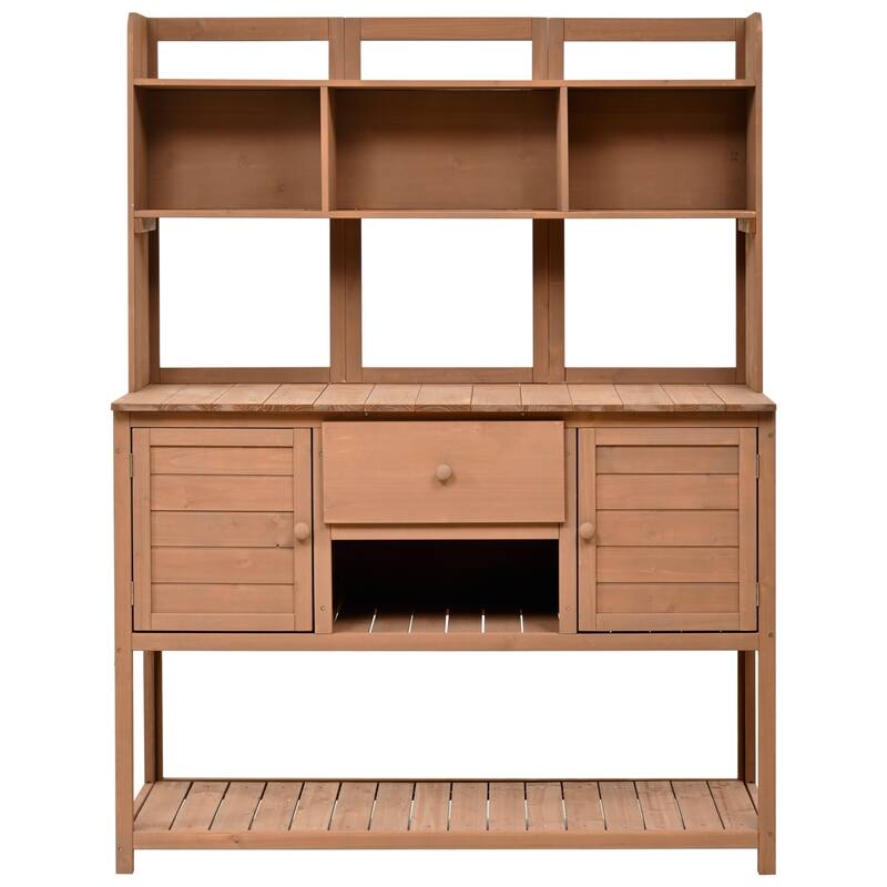 Solid Fir Wood Potting Bench Garden Workstation with Hutch, Drawer & Adjustable Shelves, Outdoor Garden Work Table - Brown
